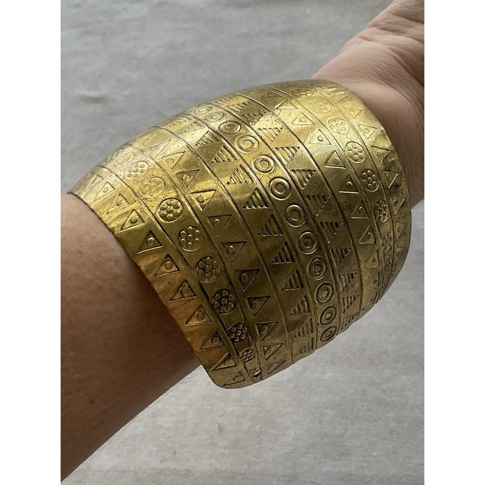 Wide gold-tone or brass cuff bracelet intricate geometric Tribal Etched Pattern